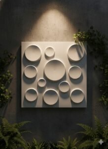 Modern 3D circular wall panel design in a soft beige finish, displayed on a dark textured wall with warm spotlighting and green plants.
