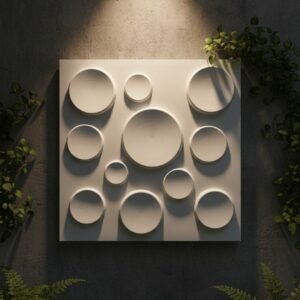 Modern 3D circular wall panel design in a soft beige finish, displayed on a dark textured wall with warm spotlighting and green plants.