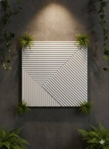 White 3D geometric wall panel with diagonal and horizontal fluted patterns, displayed on a dark textured wall with greenery and warm spotlighting.