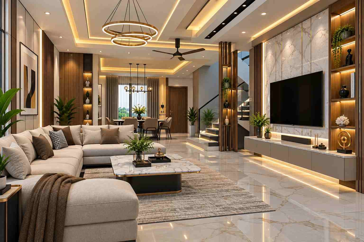 Realistic 3D interior modeling of a luxury modern living room with a cream sectional sofa, marble coffee table, wooden wall panels, staircase, dining area, plants, and warm LED lighting.