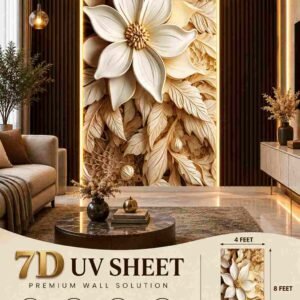 Premium 7D UV sheet featuring a large white floral design with layered cream and golden leaves, displayed as a luxury illuminated feature wall in a modern living room.