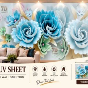 Blue and white floral 7D UV sheet wall design with large decorative flowers in a luxury living room.