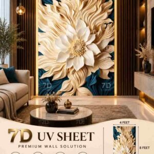 Ivory and cream floral 7D UV sheet wall design with large sculpted flowers against a deep blue background