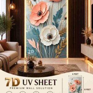 Premium 7D UV sheet wall panel featuring large coral and white flowers, blue-green leaves, gold botanical details, and warm LED lighting in a modern living room.