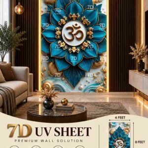 Blue and gold lotus-inspired 7D UV sheet wall design with an Om symbol in a luxury living room.
