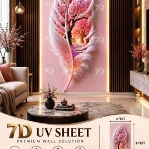 Premium 7D UV sheet featuring a pink floral tree landscape enclosed within elegant white feather-shaped detailing, displayed as a backlit living room feature wall.