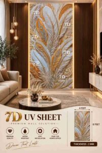 Luxury 7D UV sheet featuring an elegant white and gold feather pattern with intricate paisley detailing in a modern living room