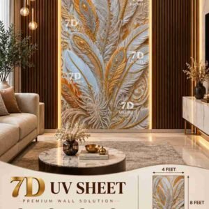 Luxury 7D UV sheet featuring an elegant white and gold feather pattern with intricate paisley detailing in a modern living room
