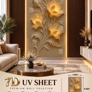 Elegant 7D UV Sheet featuring a raised floral design with glowing golden-yellow flowers, delicate leaves, and a warm beige background in a luxury living room.