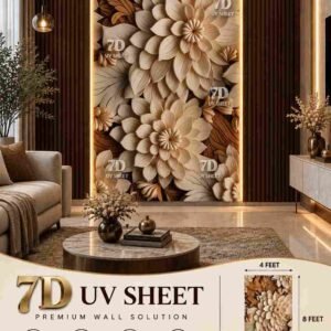 Beige and brown floral 7D UV sheet featuring layered flowers and leaves in a luxurious living room feature wall.