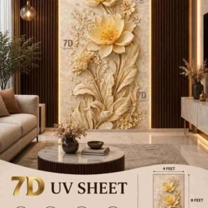 Elegant 7D UV Sheet featuring a raised golden floral design with large cream flowers and detailed leaves in a luxurious living room.