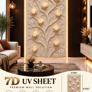 Elegant 7D UV sheet featuring a beige floral tree design with glowing lotus flowers in a modern luxury living room.