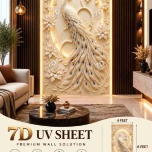 Luxury 7D UV sheet featuring an elegant white peacock with blue feather accents, surrounded by floral motifs and a glowing circular design in a modern living room.