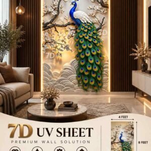 Premium 7D UV Sheet featuring a vibrant peacock surrounded by white floral branches and decorative waves in a luxury living room.