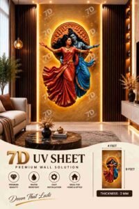 Luxury 7D UV sheet featuring Radha Krishna in a graceful dancing pose, surrounded by warm golden tones, displayed as a statement wall in a modern living room