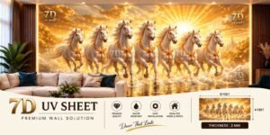Golden 7D UV sheet featuring seven white horses running across a glowing sunset landscape with water reflections.