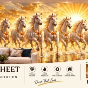 Golden 7D UV sheet featuring seven white horses running across a glowing sunset landscape with water reflections.