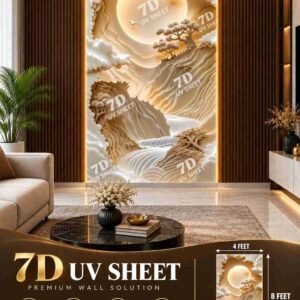 Luxury living room featuring a decorative 7D UV sheet wall panel with a scenic mountain, waterfall, cloud, and moon design, framed by dark wood fluted panels and warm LED lighting.