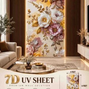 Luxury 7D UV Sheet featuring a vibrant floral design with white, yellow, pink, and peach flowers and golden leaves on a warm pastel background.