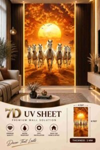 Premium 7D UV Sheet featuring seven white horses running through water beneath a large glowing full moon, with a dramatic orange sunset and flying birds in the background.