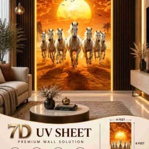 Premium 7D UV Sheet featuring seven white horses running through water beneath a large glowing full moon, with a dramatic orange sunset and flying birds in the background.