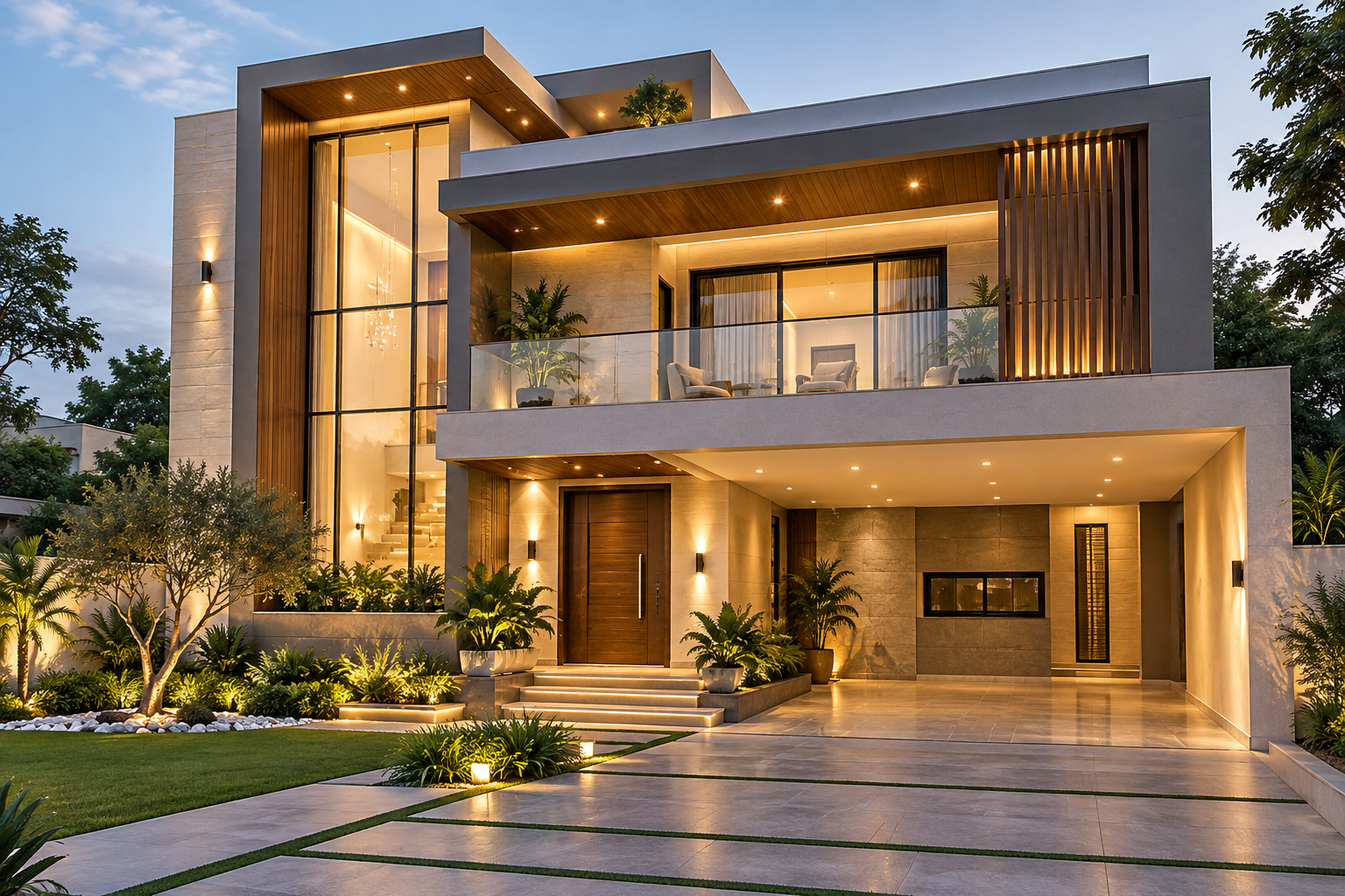 Modern luxury two-story house exterior with geometric architecture, large glass windows, warm wooden accents, landscaped garden, covered parking, and elegant outdoor lighting