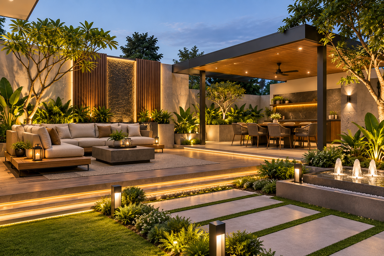 Luxury outdoor patio design with a covered pergola, comfortable lounge seating, dining area, lush tropical landscaping, warm lighting, stepping stones, and a modern water feature.