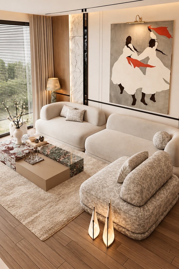 Elegant modern living room with curved cream sofas, a sculptural lounge chair, large abstract wall artwork, warm neutral tones, wooden flooring, and contemporary décor.