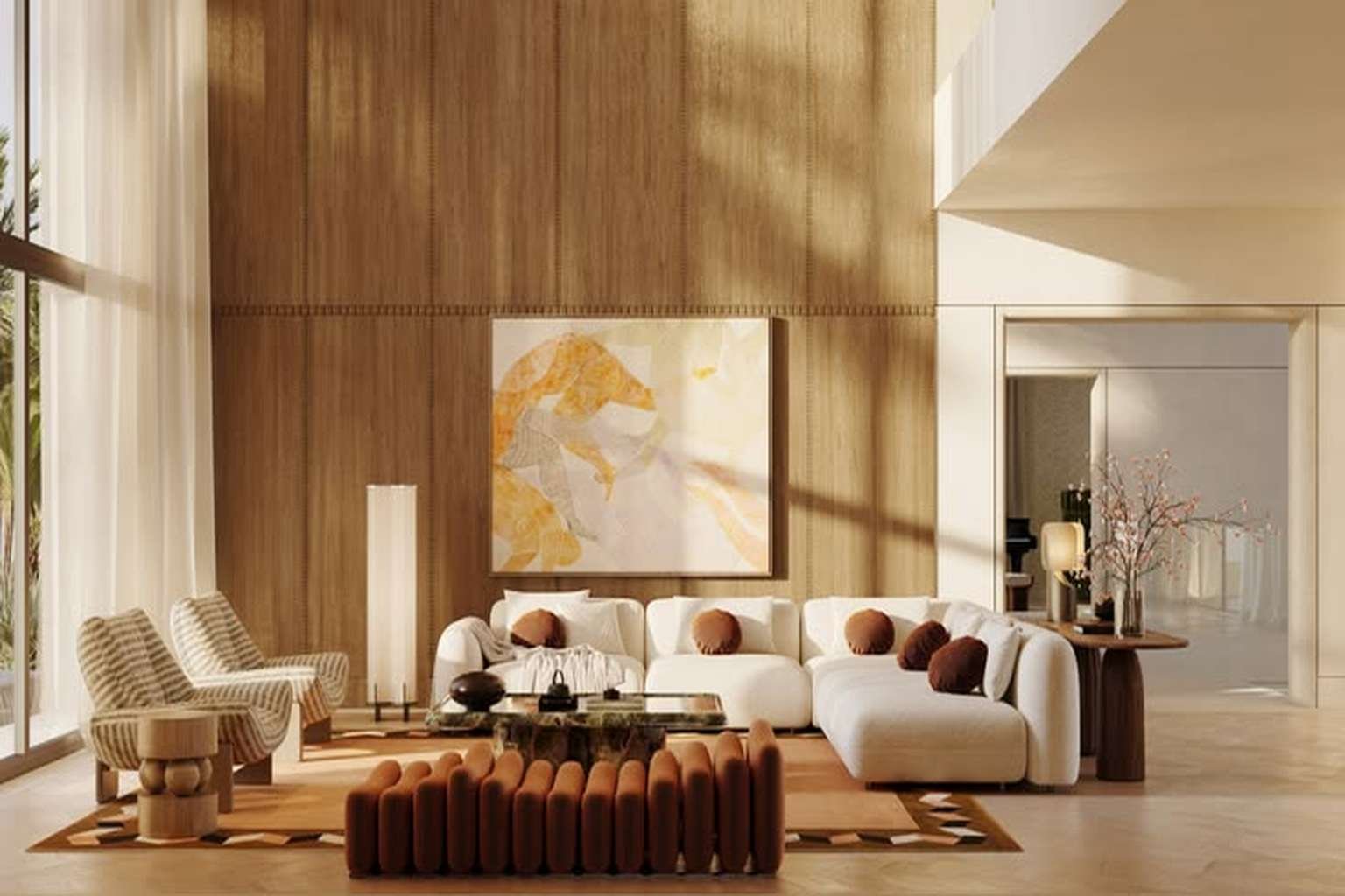 Luxury modern living room with a large wooden feature wall, cream sectional sofa, textured lounge chairs, sculptural coffee table, warm natural lighting, and contemporary décor.