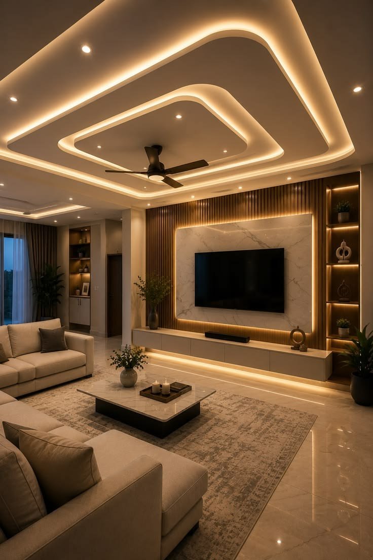 Luxury modern living room featuring a layered false ceiling with warm LED lighting, elegant TV wall with marble panel and wooden fluted accents, built-in display shelves, beige sofas, and a stylish coffee table.