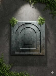 Modern metallic wall panel with layered arch design in a dark textured finish, surrounded by green foliage.