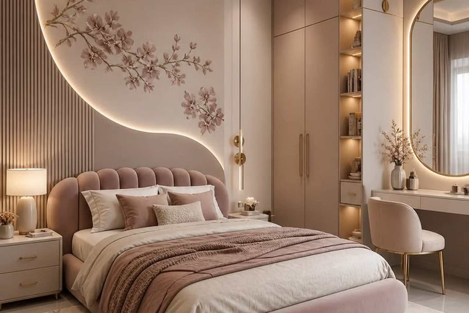 Elegant modern bedroom with a plush upholstered bed, soft pink and beige décor, floral feature wall, built-in wardrobe, dressing area, and warm ambient lighting.