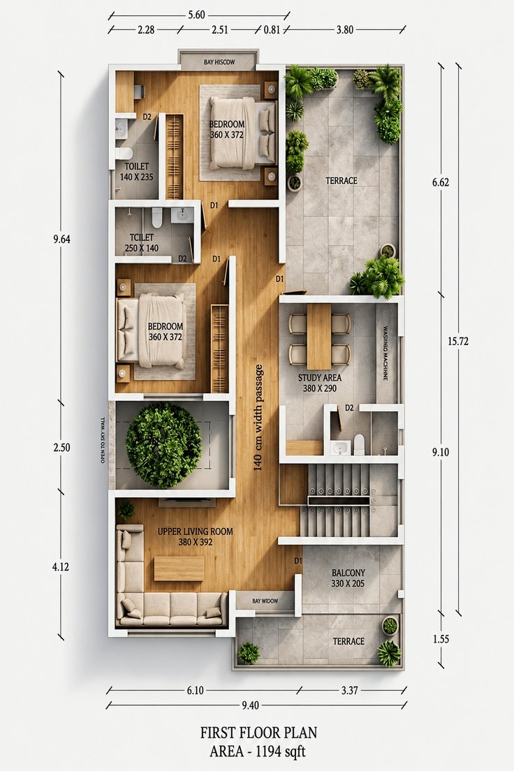 Detailed first floor house plan showing two bedrooms, toilets, study area, upper living room, staircase, balcony, terraces, passage, and landscaped open spaces