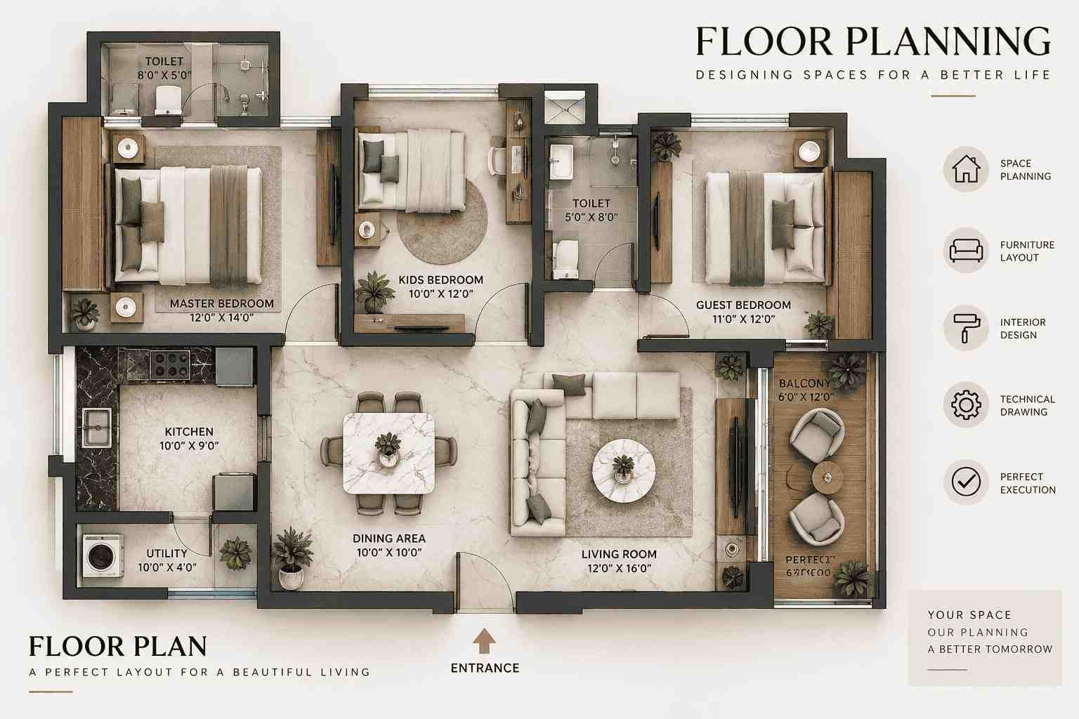 Modern residential floor plan showing a master bedroom, kids bedroom, guest bedroom, living room, dining area, kitchen, utility room, bathrooms, and balcony.
