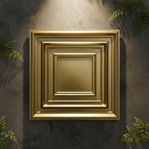 Luxury gold geometric wall panel with layered rectangular frames on a dark textured wall, illuminated by warm lighting and surrounded by greenery.