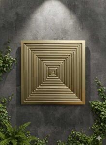 Golden geometric 3D wall panel with concentric square pattern on a dark textured wall surrounded by green foliage.