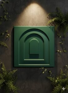 Green 3D geometric wall panel with layered arch design displayed on a dark textured wall with decorative greenery.