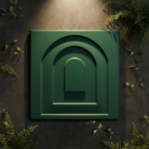 Green 3D geometric wall panel with layered arch design displayed on a dark textured wall with decorative greenery.