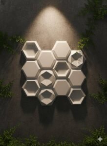 White 3D hexagon wall panel design with geometric recessed patterns on a dark textured wall.