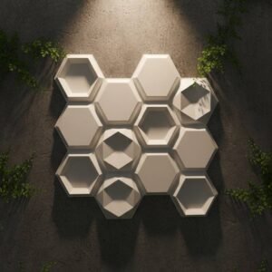 White 3D hexagon wall panel design with geometric recessed patterns on a dark textured wall.