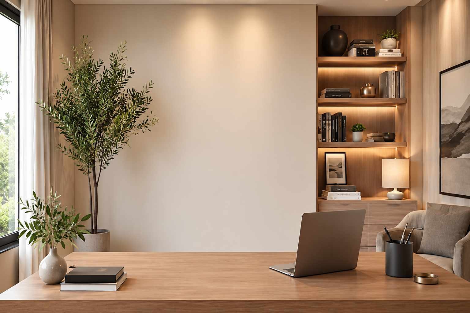 Warm modern home office with a wooden desk, laptop, built-in illuminated shelves, indoor plants, neutral walls, and soft natural lighting.
