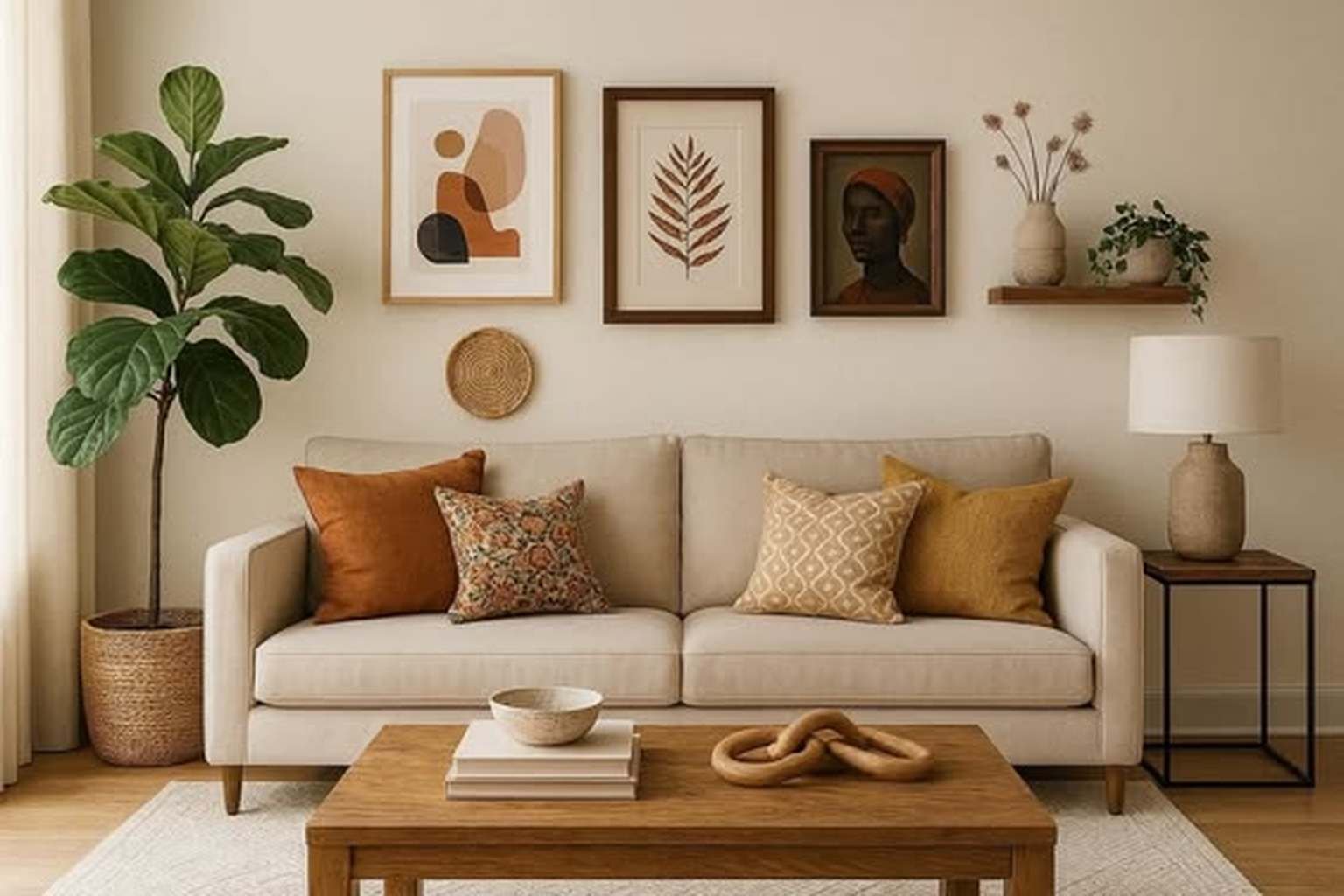 Warm modern living room with a cream sofa, terracotta and patterned cushions, wooden coffee table, indoor plants, framed artwork, and neutral décor