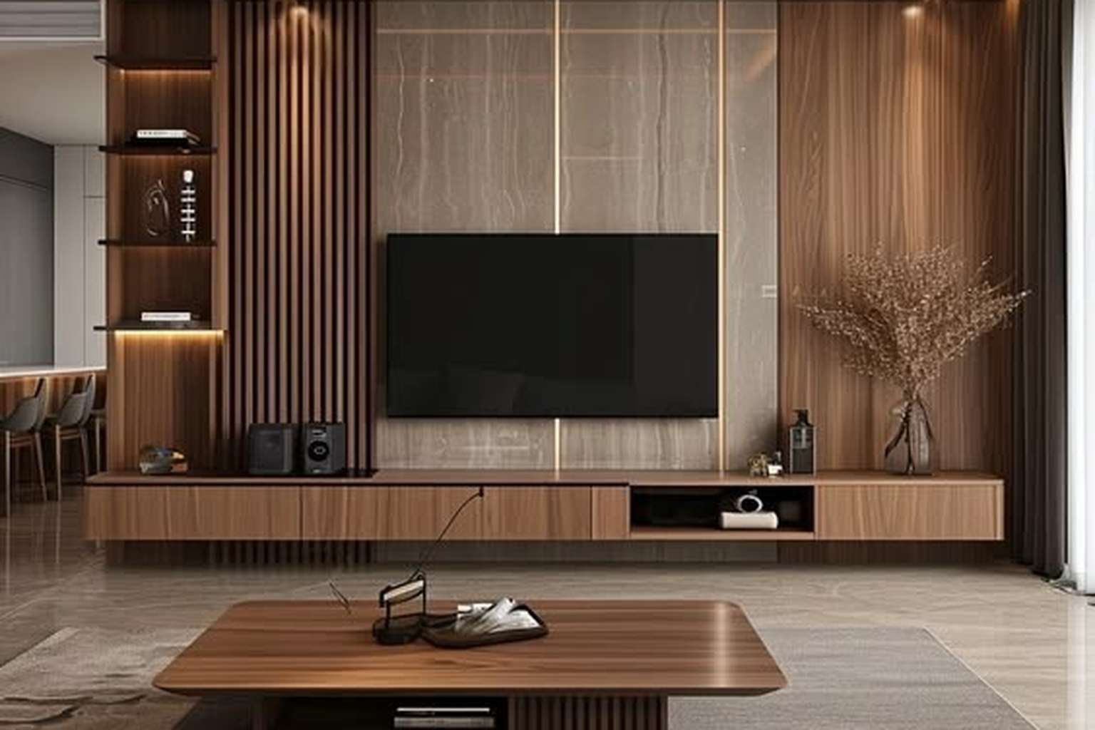 Modern luxury living room with a wall-mounted TV, wooden slat panels, marble-effect wall, floating TV console, warm LED lighting, and a contemporary coffee table.