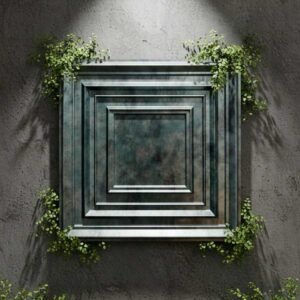 Dark metallic 3D wall panel with layered rectangular geometric frames, displayed on a textured grey wall with green foliage.