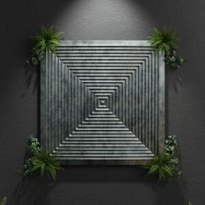 Modern metallic geometric wall panel featuring concentric square patterns, displayed on a dark textured wall with decorative green ferns.