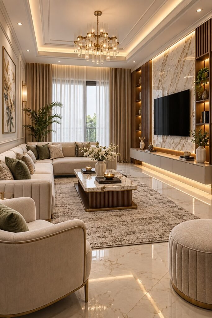 Luxury modern-classic living room with a marble TV wall, fluted wooden panels, warm LED lighting, cream sofas, a statement chandelier, elegant curtains, and a marble floor. best interior design