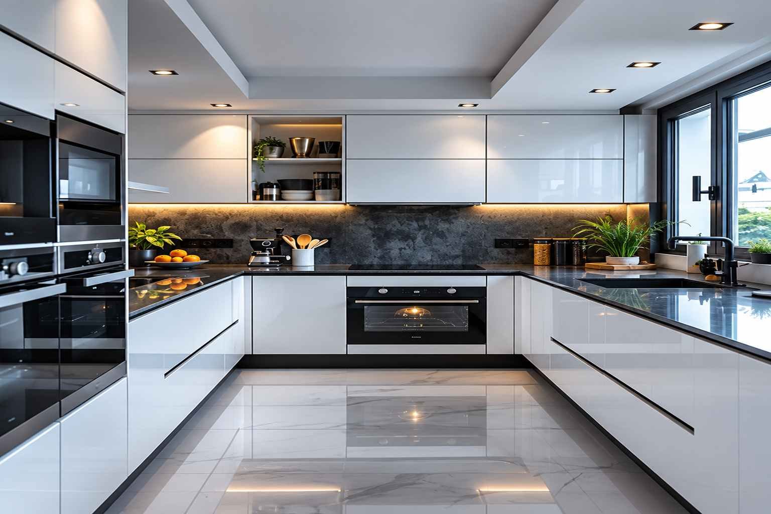 Modern luxury modular kitchen with glossy white cabinets, black marble countertops, built-in appliances, warm under-cabinet lighting, indoor plants, and large windows