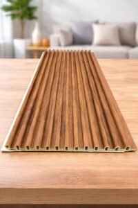 Wooden fluted wall panel with a warm natural wood finish displayed in a modern living room setting.