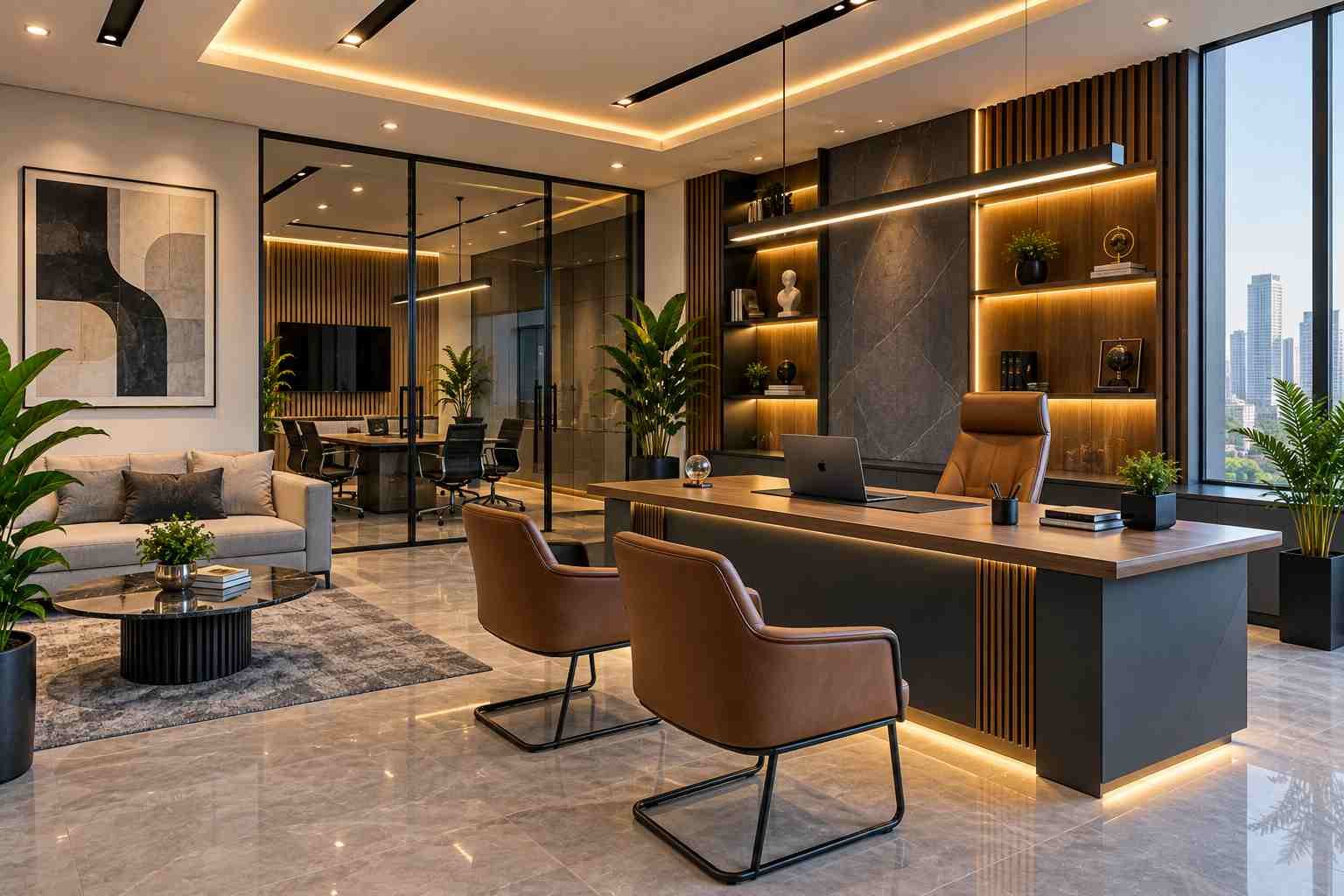 Luxury modern office interior with an executive desk, leather chairs, glass meeting room, illuminated wooden shelving, indoor plants, and warm ambient lighting.