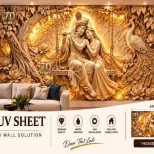 Luxury 7D UV sheet featuring a detailed Radha Krishna scene with a peacock, lotus flowers, and a tree in a warm golden living room feature wall.